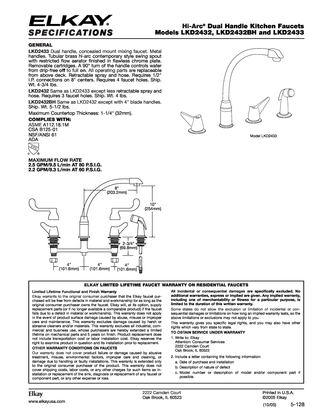 Elkay specifications Specifications, Hi-Arc Dual Handle Kitchen Faucets, Models LKD2432, LKD2432BH and LKD2433, Elkay 