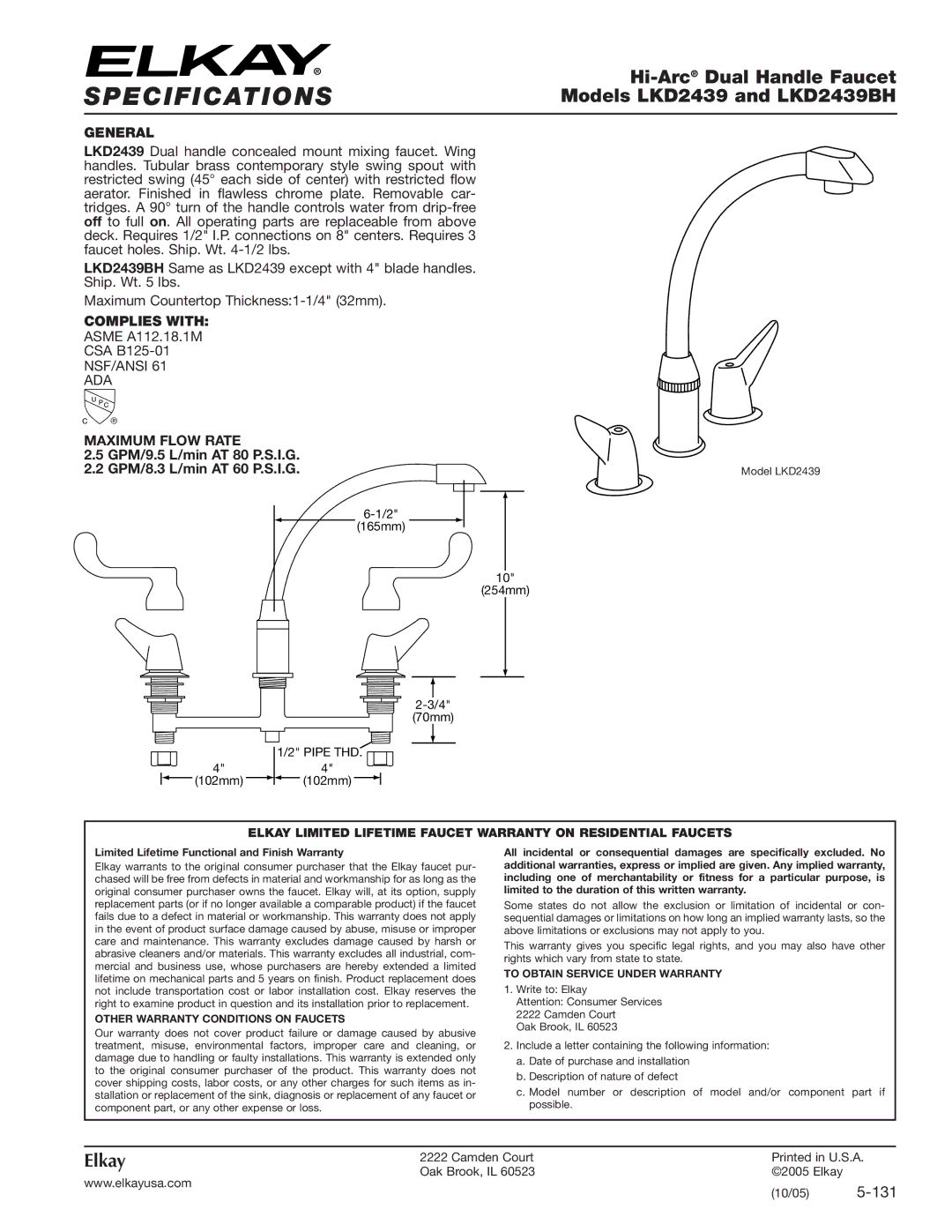 Elkay specifications Specifications, Hi-Arc Dual Handle Faucet, Models LKD2439 and LKD2439BH, Elkay 