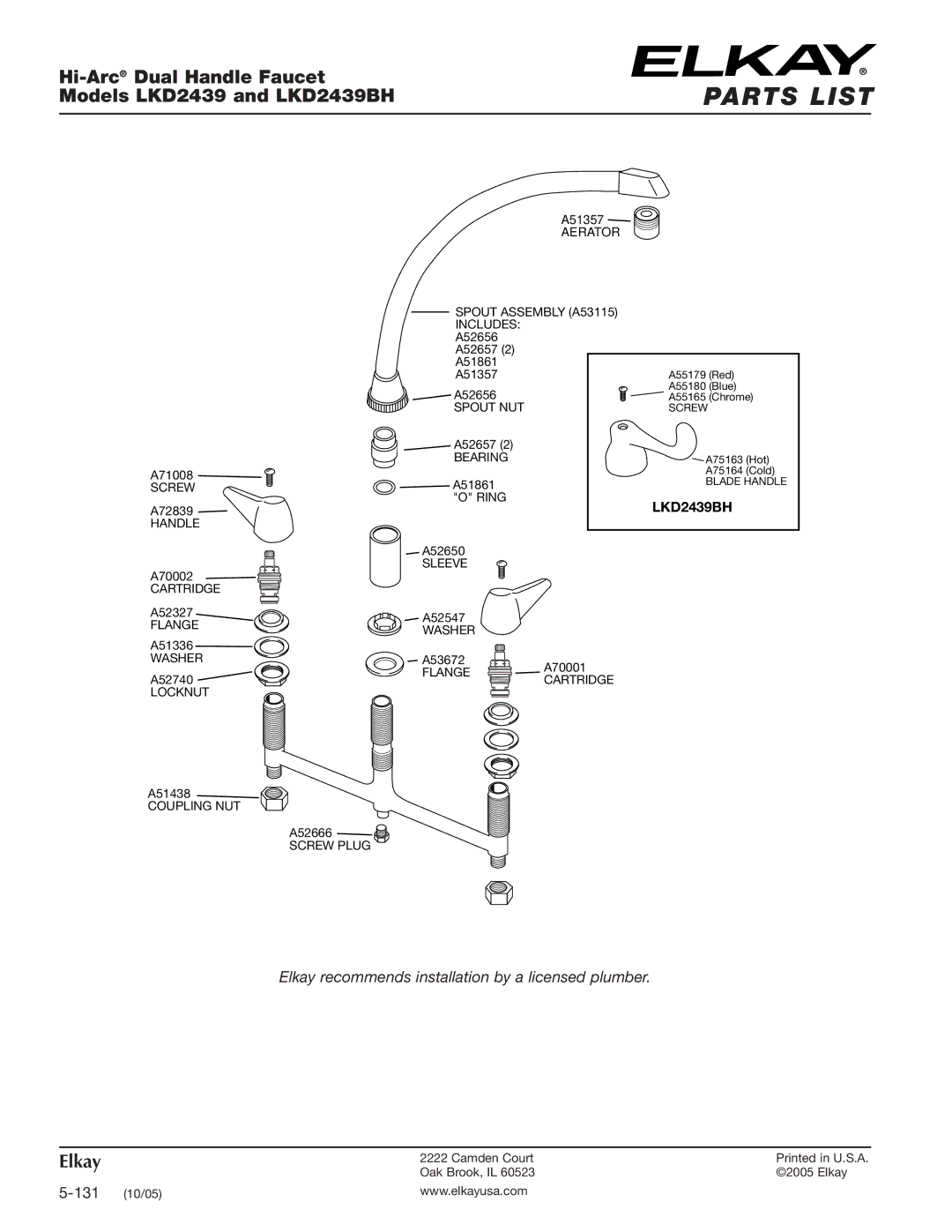 Elkay LKD2439BH specifications Parts List, Hi-ArcDual Handle Faucet 