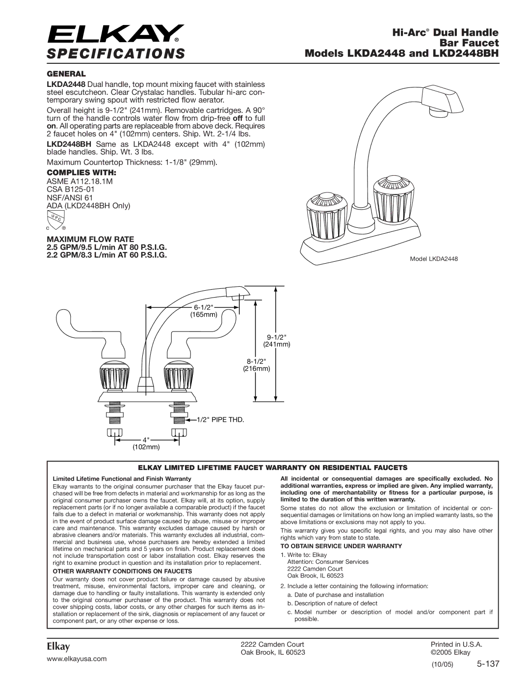 Elkay specifications Specifications, Hi-Arc Dual Handle, Bar Faucet, Models LKDA2448 and LKD2448BH, Elkay 