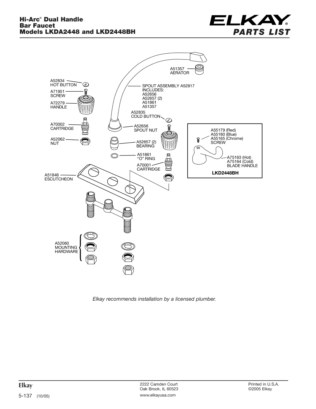 Elkay LKD2448BH, LKDA2448 specifications Parts List, Hi-ArcDual Handle Bar Faucet 