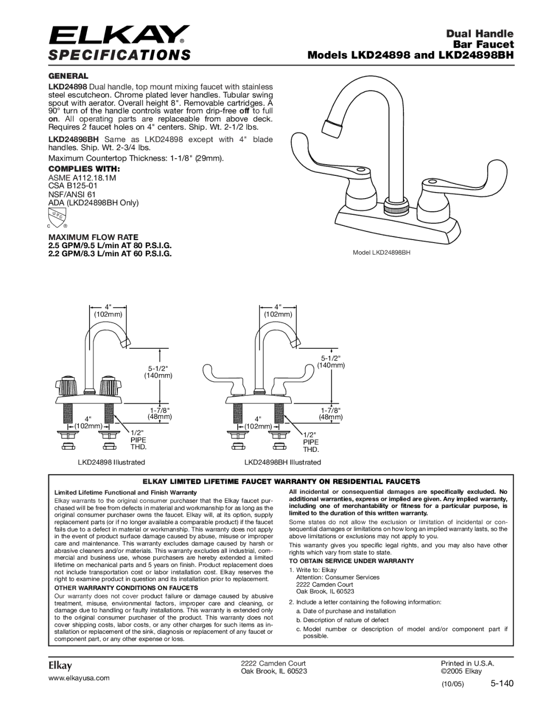 Elkay specifications Specifications, Dual Handle, Bar Faucet, Models LKD24898 and LKD24898BH, Elkay 