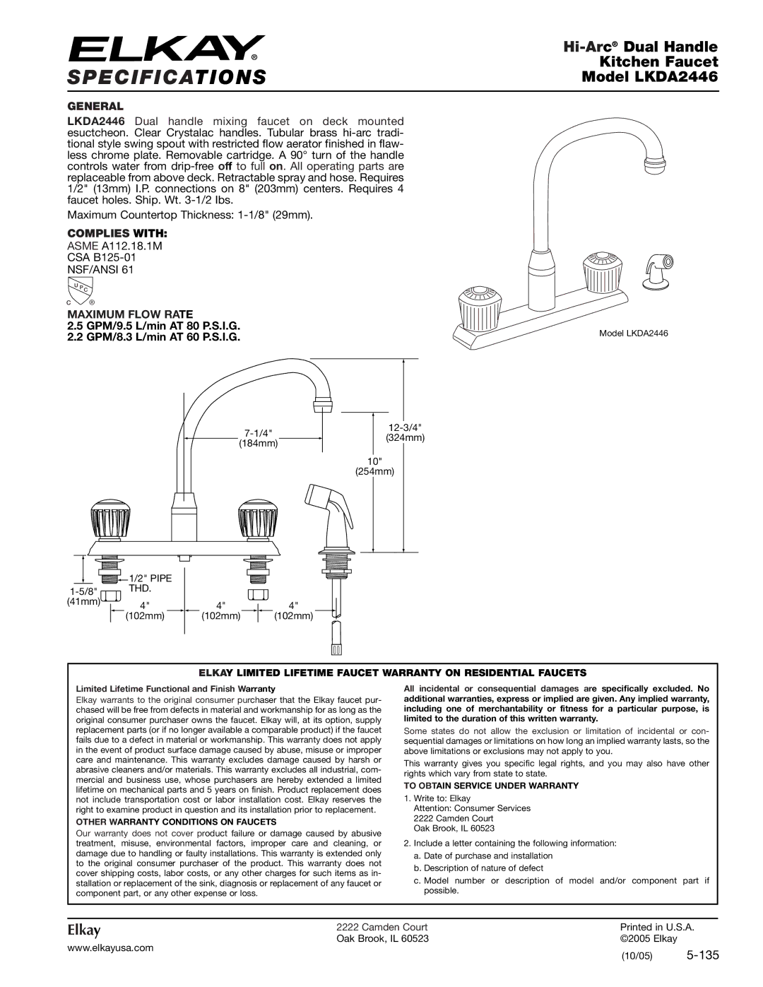 Elkay specifications Specifications, Hi-Arc Dual Handle, Kitchen Faucet, Model LKDA2446, Elkay 