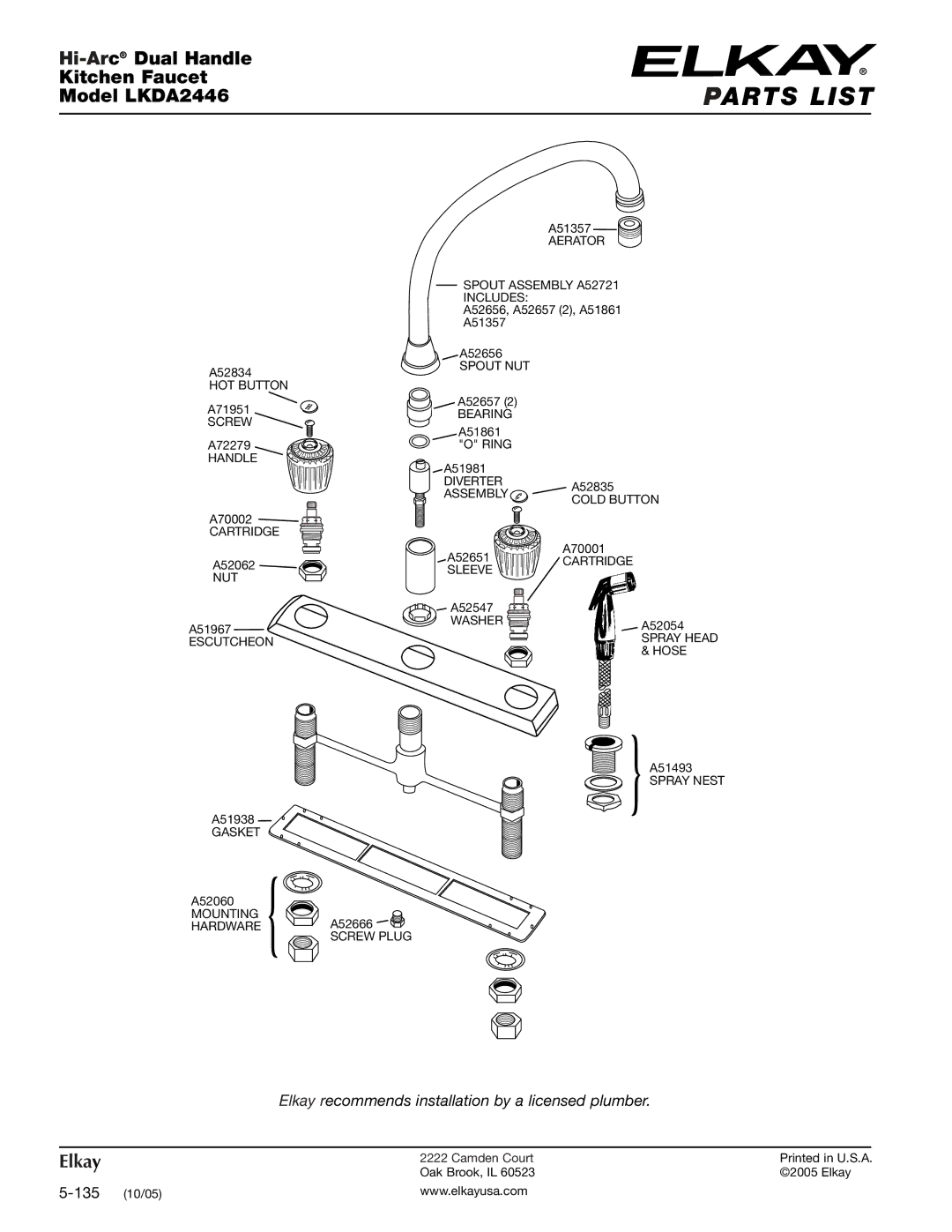 Elkay LKDA2446 specifications Parts List, Hi-ArcDual Handle Kitchen Faucet 