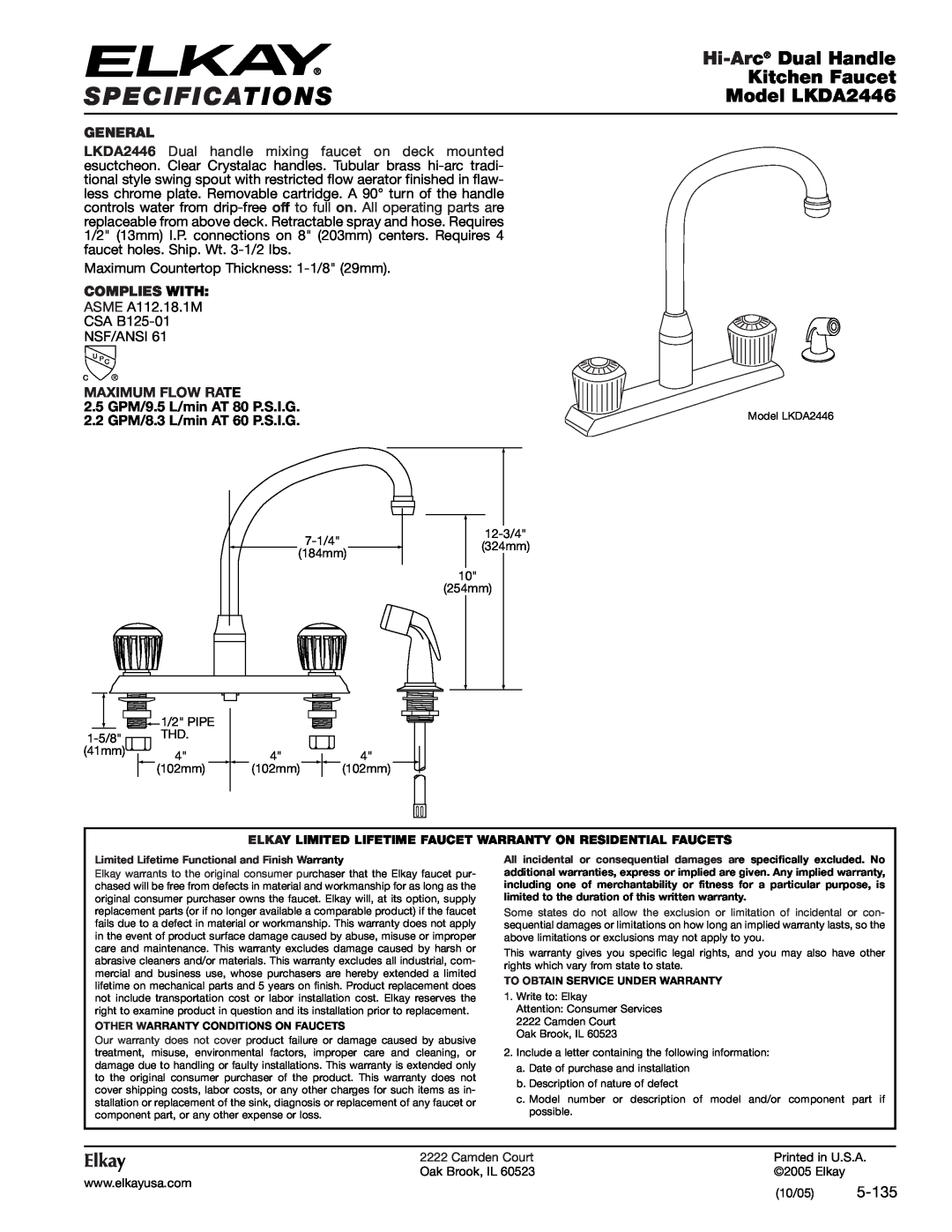 Elkay specifications Specifications, Hi-Arc Dual Handle, Kitchen Faucet, Model LKDA2446, Elkay, 5-135, General 