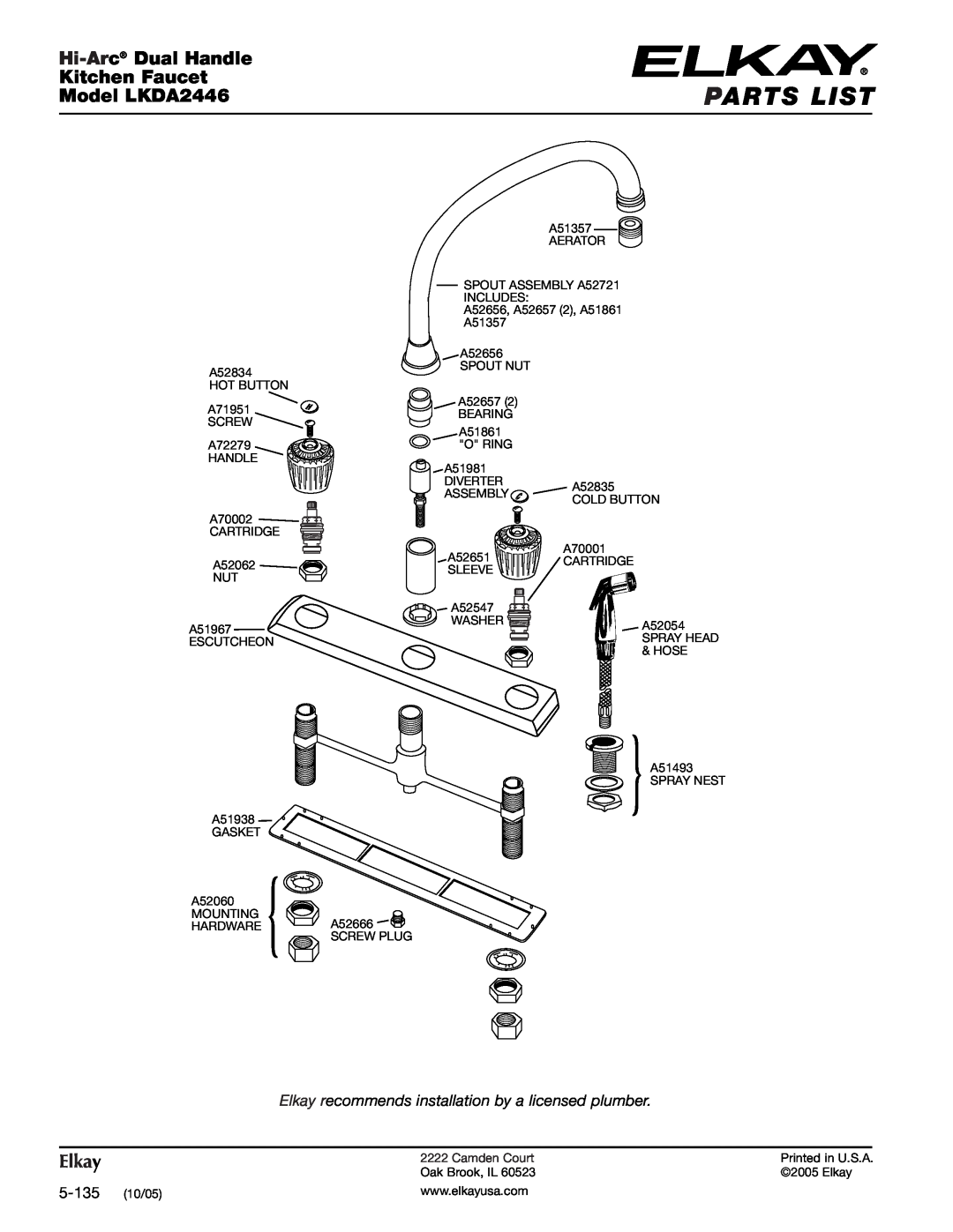 Elkay specifications Parts List, Hi-Arc Dual Handle, Kitchen Faucet, Model LKDA2446, Elkay 