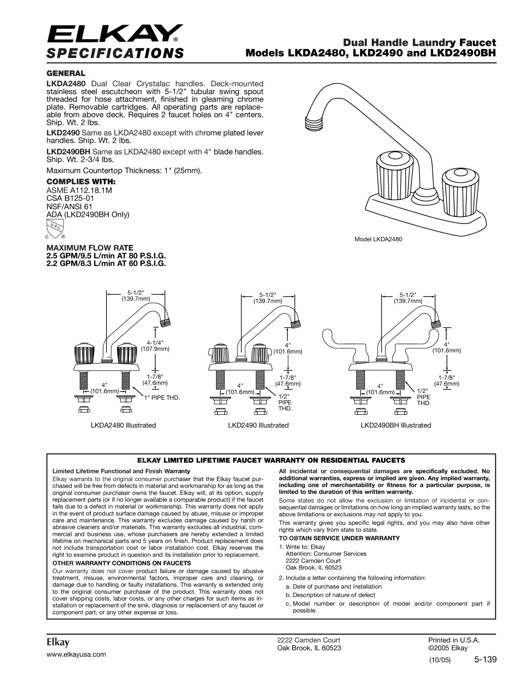 Elkay LKDA2480, LKD2490BH specifications Specifications, General, Complies with, Maximum Flow Rate 