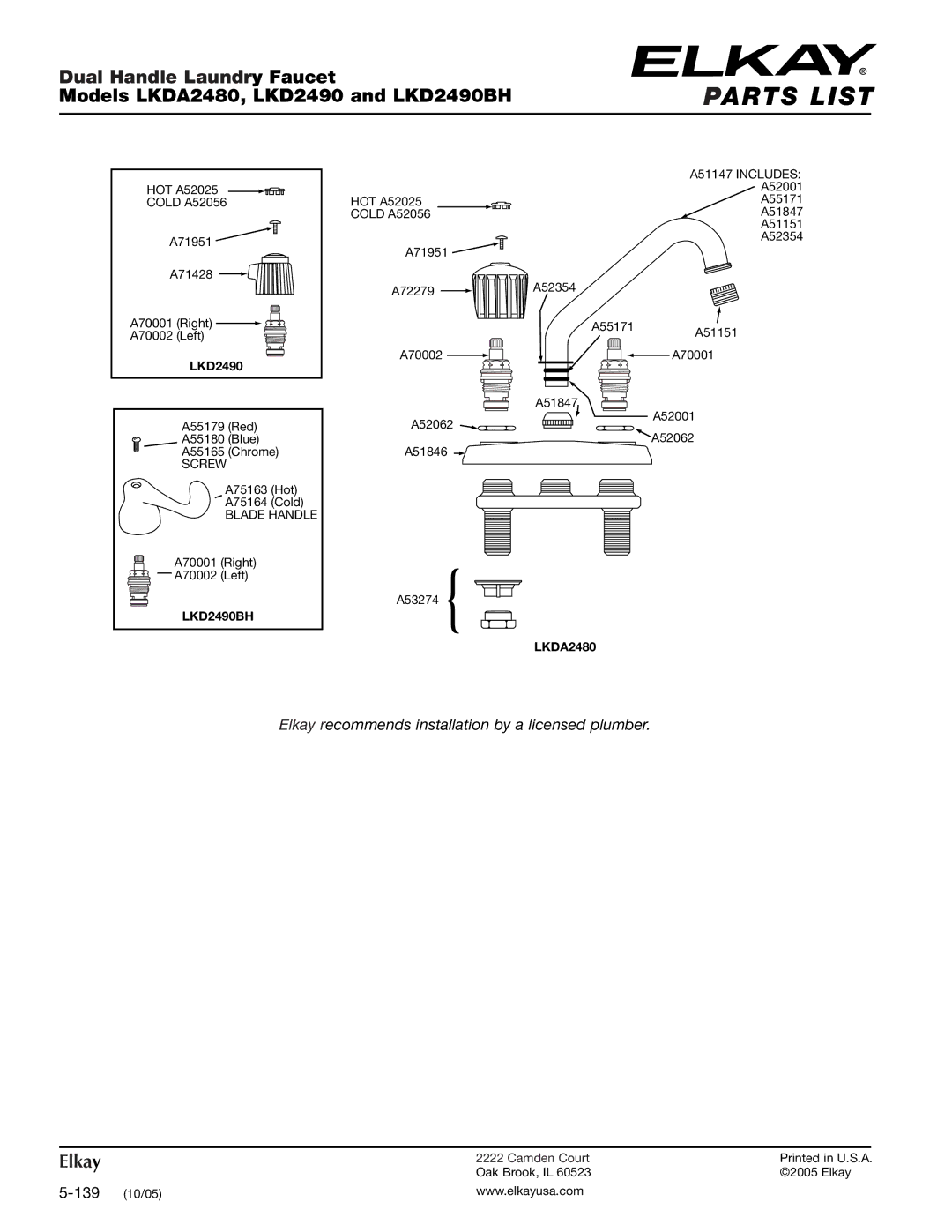 Elkay LKD2490BH, LKDA2480 specifications Parts List 