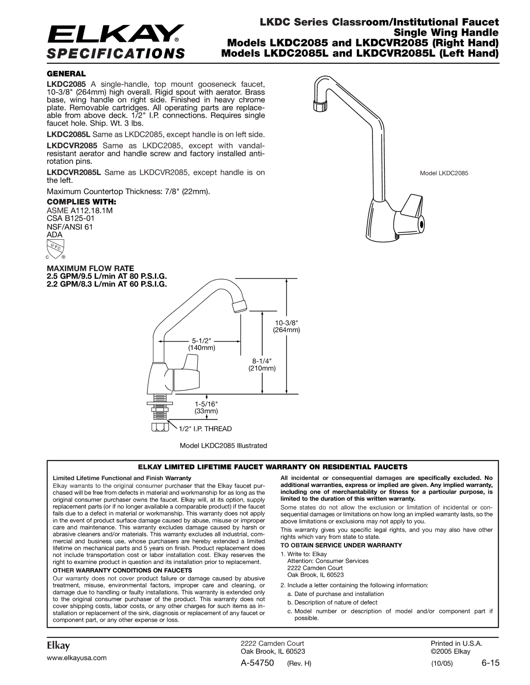 Elkay LKDCVR2085L, LKDC2085L specifications Specifications, General, Complies with, Maximum Flow Rate 