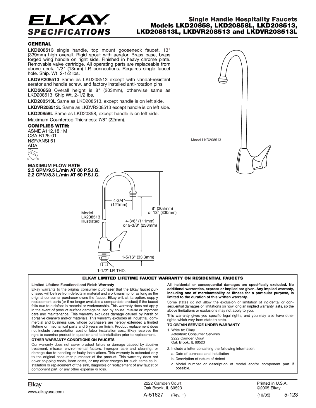 Elkay LKDVR208513 specifications Specifications, Single Handle Hospitality Faucets, Models LKD20858, LKD20858L, LKD208513 