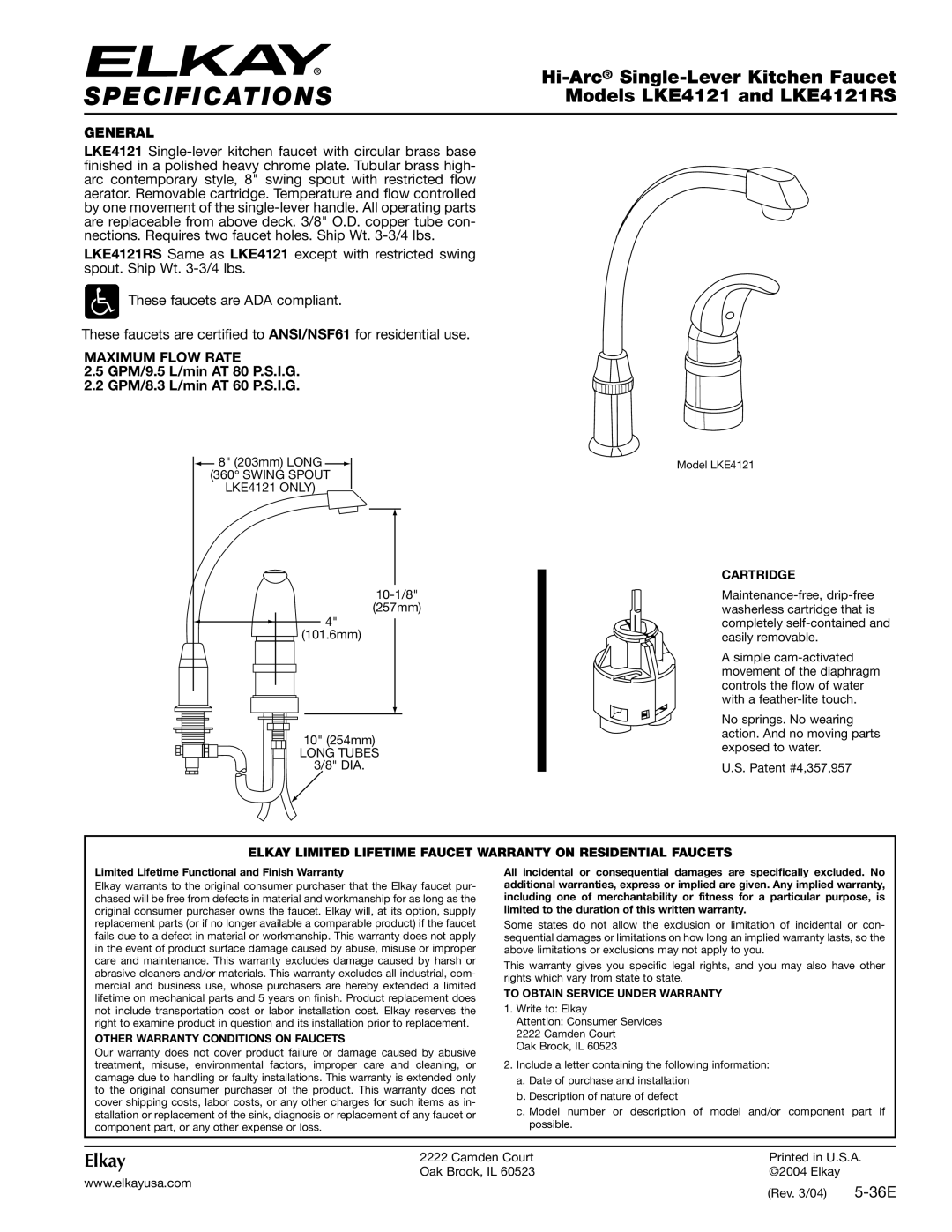 Elkay LKE4121 specifications General, Maximum Flow Rate, Other Warranty Conditions on Faucets 