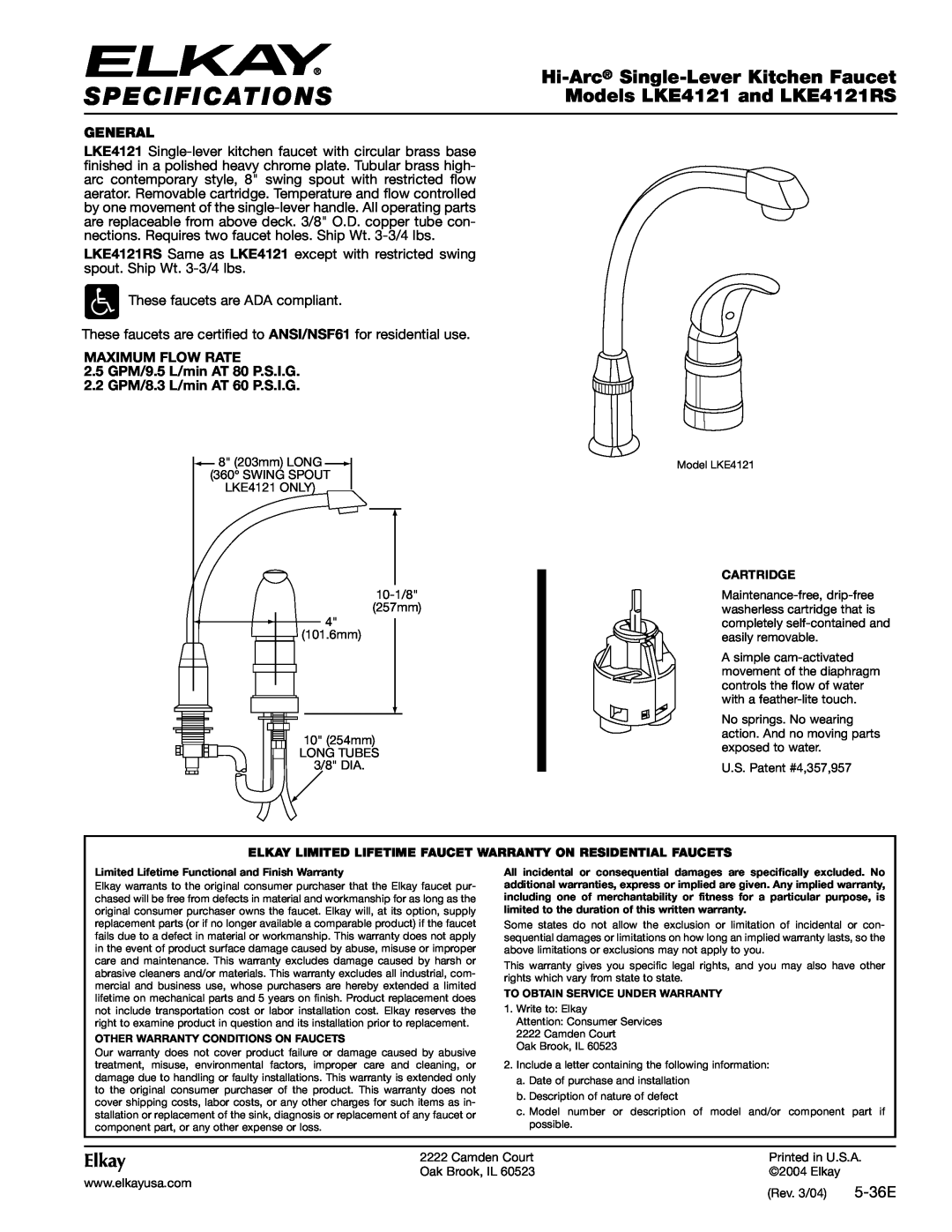 Elkay specifications Specifications, Hi-Arc Single-Lever Kitchen Faucet, Models LKE4121 and LKE4121RS, Elkay, 5-36E 