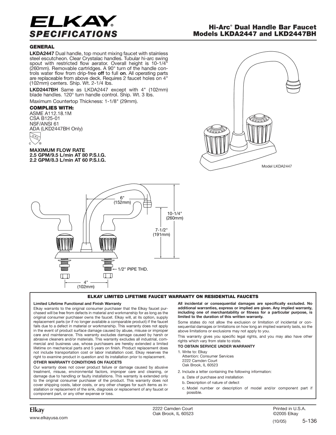 Elkay LKE4121RS specifications Specifications, Hi-Arc Dual Handle Bar Faucet, Models LKDA2447 and LKD2447BH, Elkay 