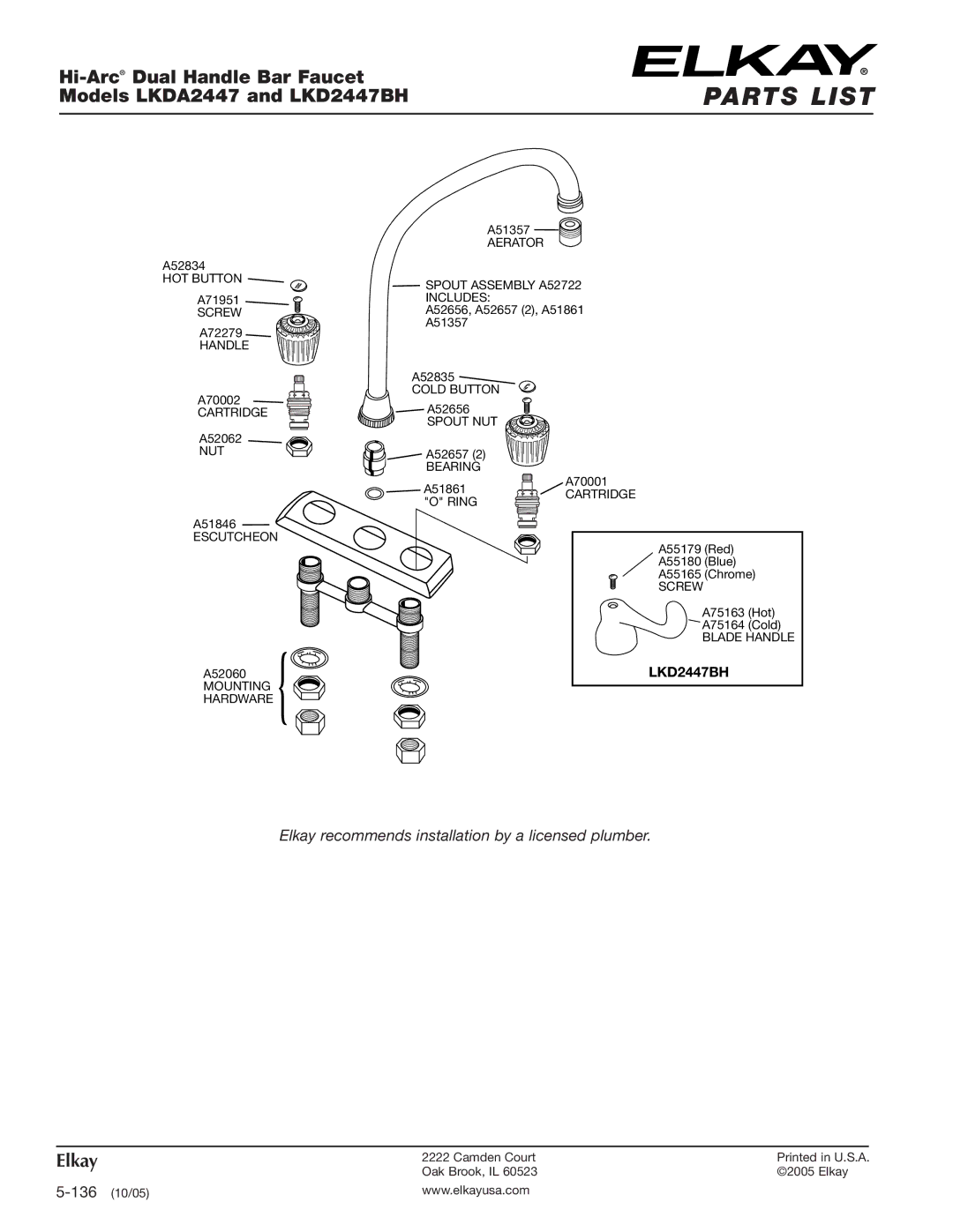 Elkay LKE4121RS specifications Parts List, Hi-ArcDual Handle Bar Faucet Models LKDA2447 and LKD2447BH 