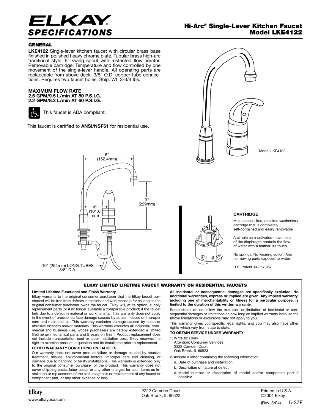 Elkay LKE4122 specifications Specifications, General, Maximum Flow Rate, Other Warranty Conditions on Faucets 