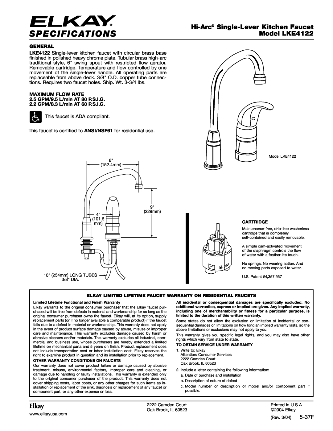 Elkay specifications Specifications, Hi-Arc Single-LeverKitchen Faucet, Model LKE4122, Elkay, 5-37F, General, Cartridge 