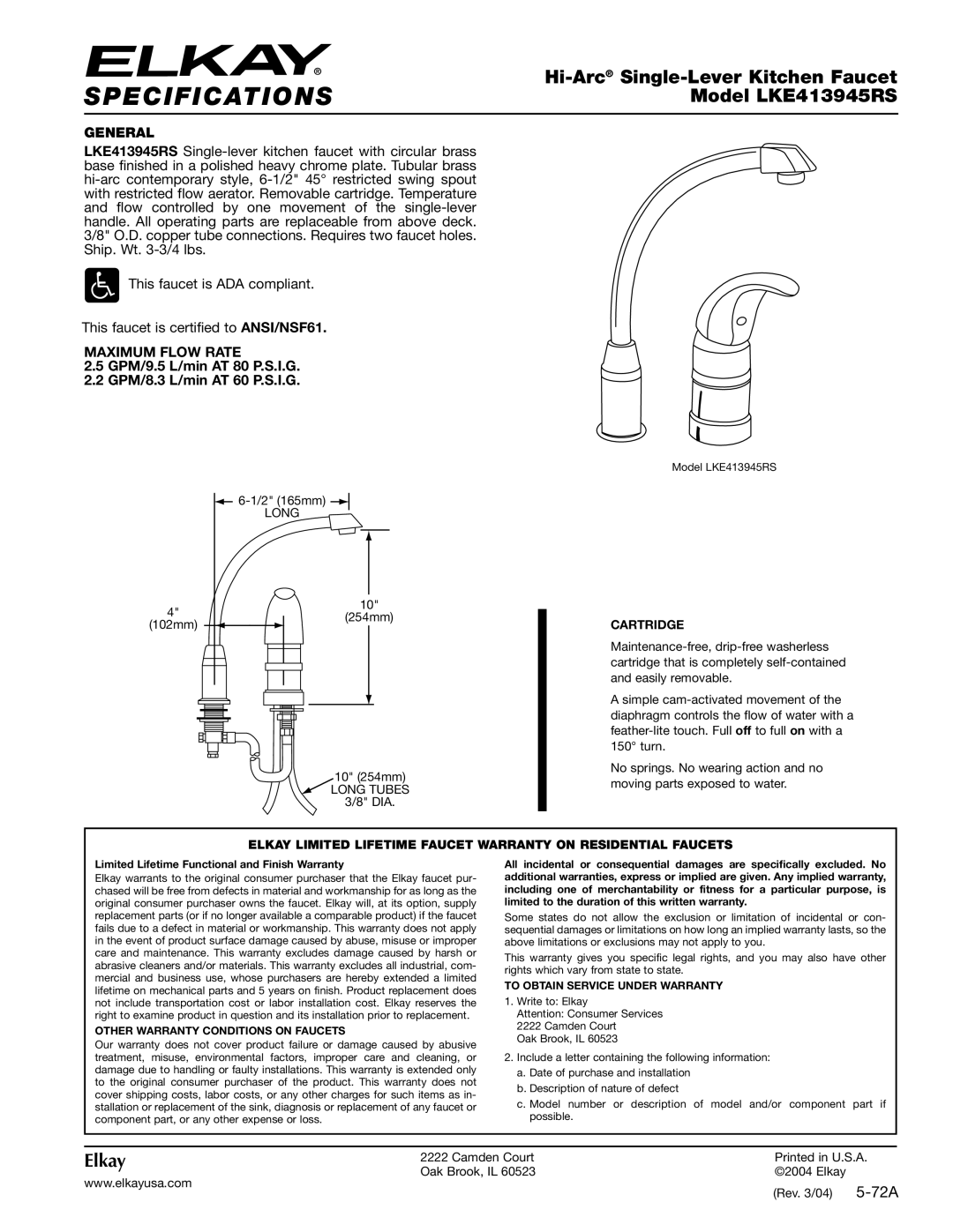 Elkay LKE413945RS specifications Specifications, General, Maximum Flow Rate, Other Warranty Conditions on Faucets 