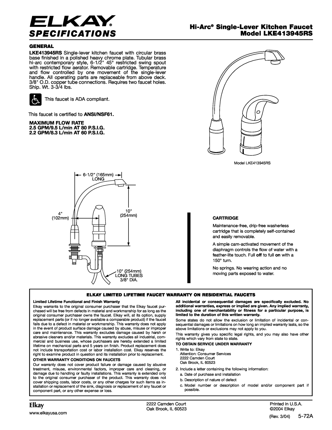 Elkay specifications Specifications, Hi-Arc Single-LeverKitchen Faucet, Model LKE413945RS, Elkay, 5-72A, General 