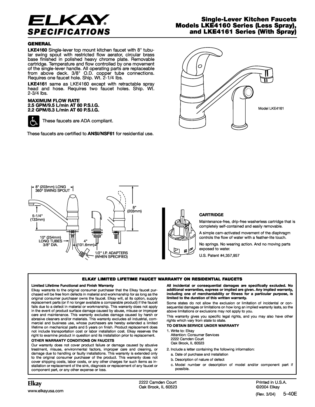 Elkay specifications Specifications, Single-LeverKitchen Faucets, Models LKE4160 Series Less Spray, Elkay, 5-40E 
