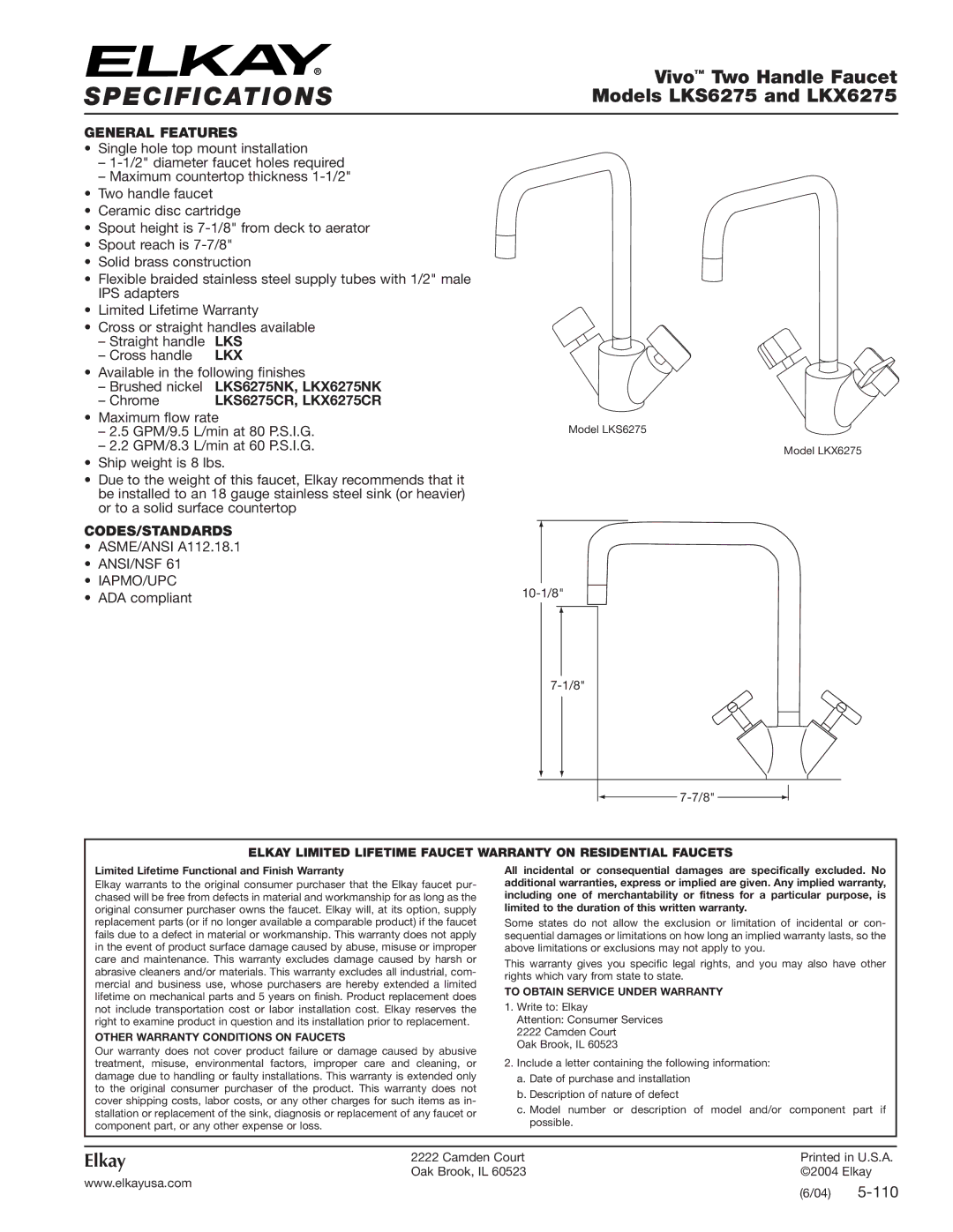 Elkay LKS6275NK, LKS6275CR specifications Specifications, Vivo Two Handle Faucet, Models LKS6275 and LKX6275, Elkay 