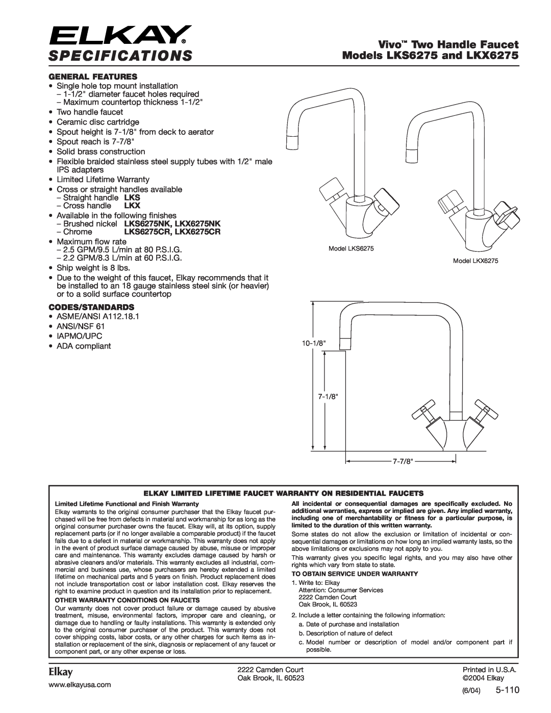 Elkay LKS6275NK, LKS6275CR specifications Specifications, Vivo Two Handle Faucet, Models LKS6275 and LKX6275, Elkay, 5-110 