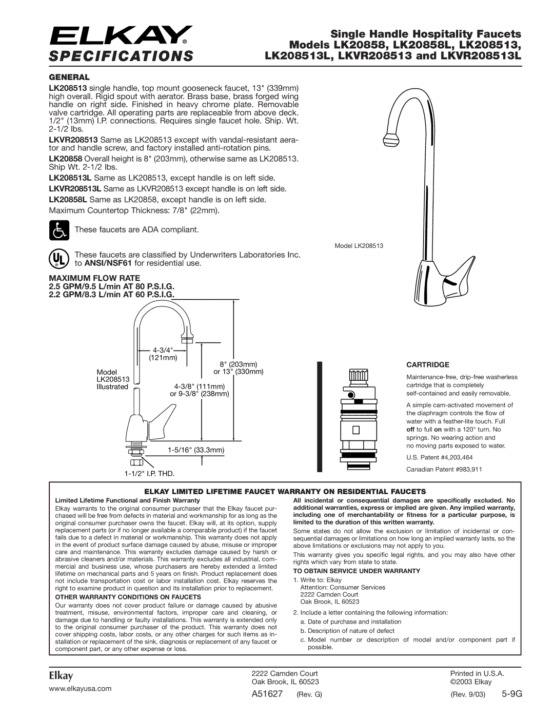 Elkay LKVR208513, LK20858L specifications Specifications, General, Maximum Flow Rate, Other Warranty Conditions on Faucets 