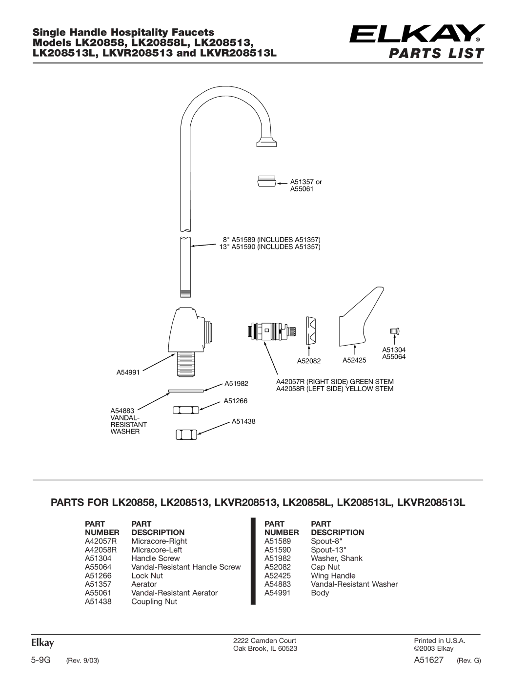 Elkay LK20858L, LKVR208513L, LK208513L specifications Parts List, Part Number Description 