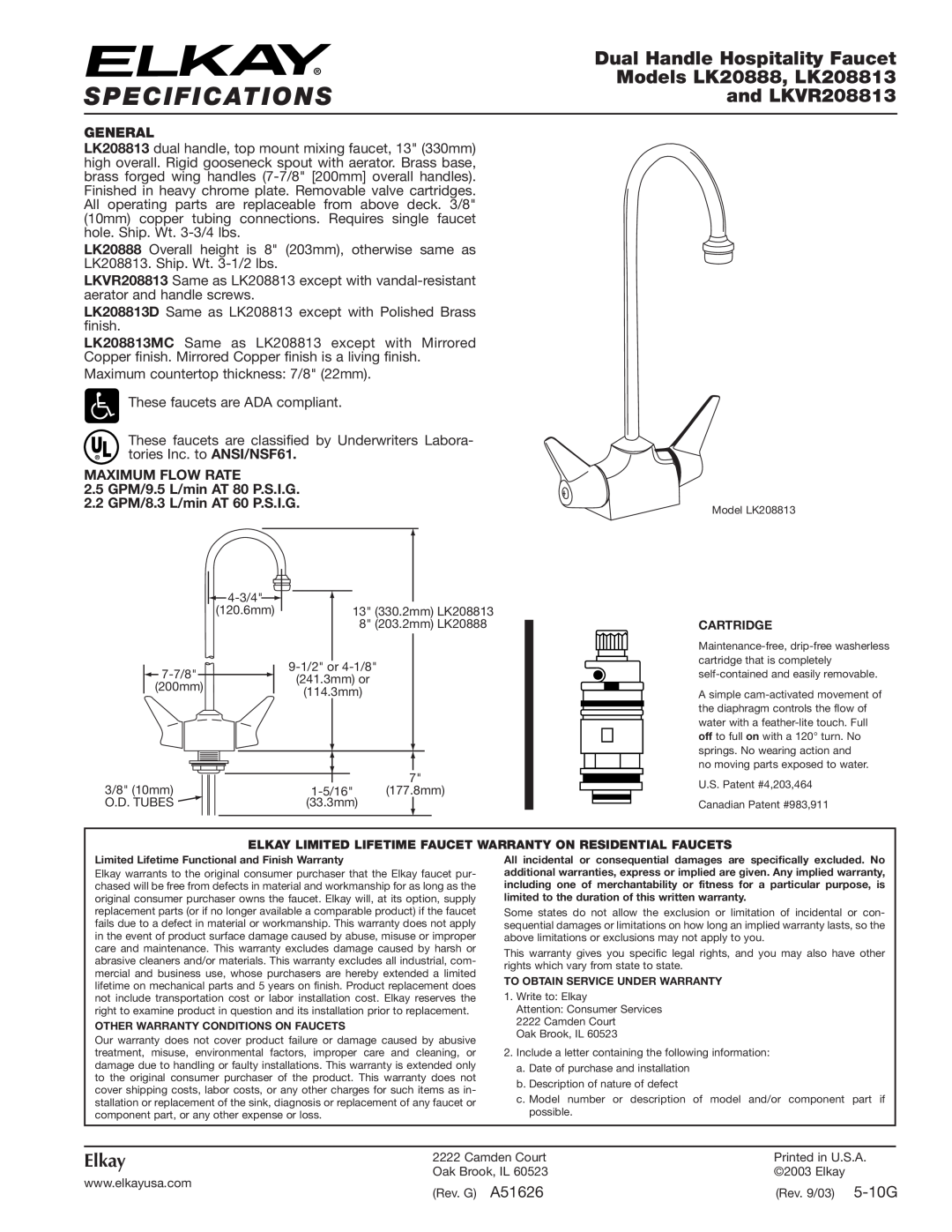 Elkay specifications Specifications, Dual Handle Hospitality Faucet, Models LK20888, LK208813, and LKVR208813, Elkay 