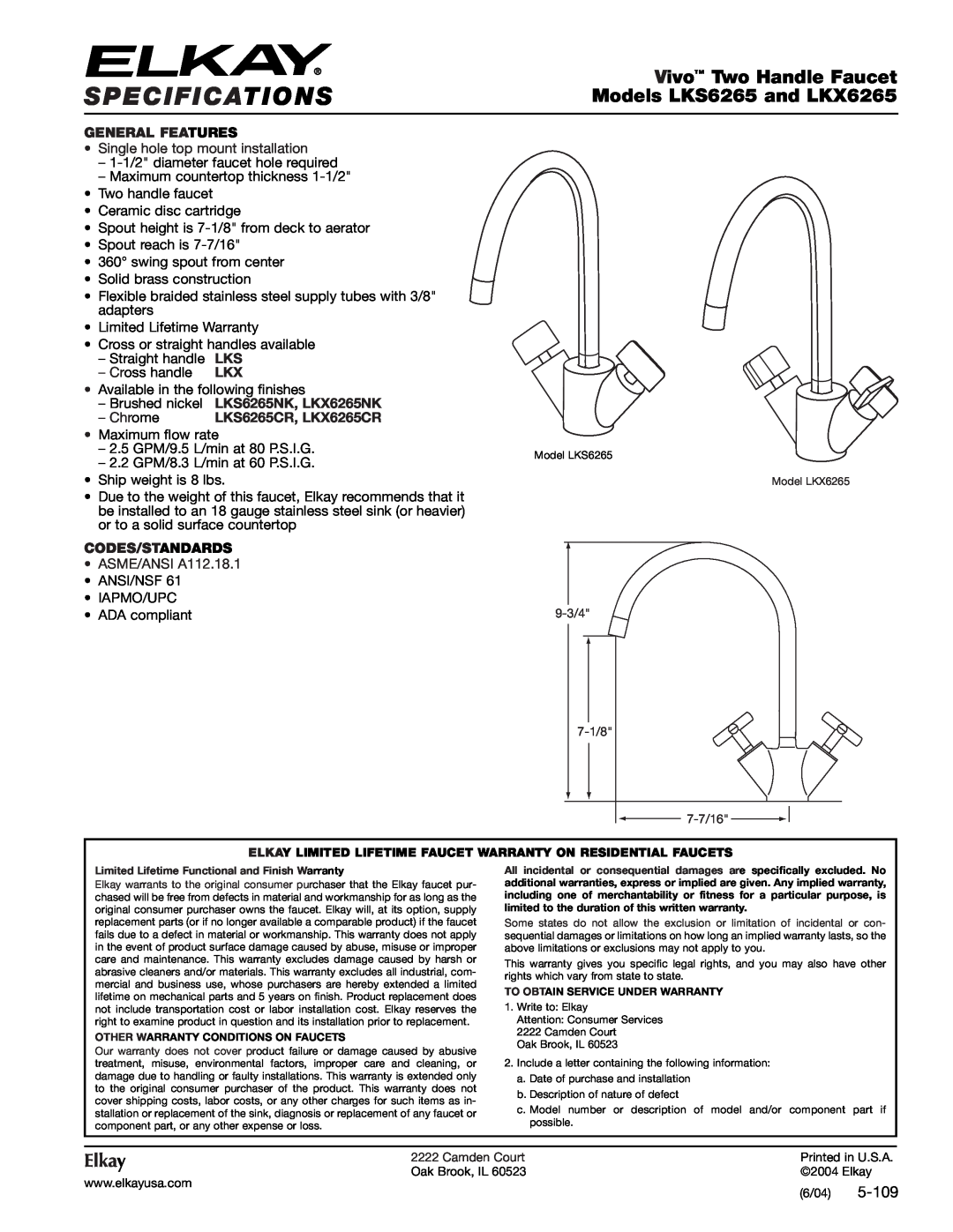 Elkay specifications Specifications, Vivo Two Handle Faucet, Models LKS6265 and LKX6265, Elkay, 5-109, General Features 