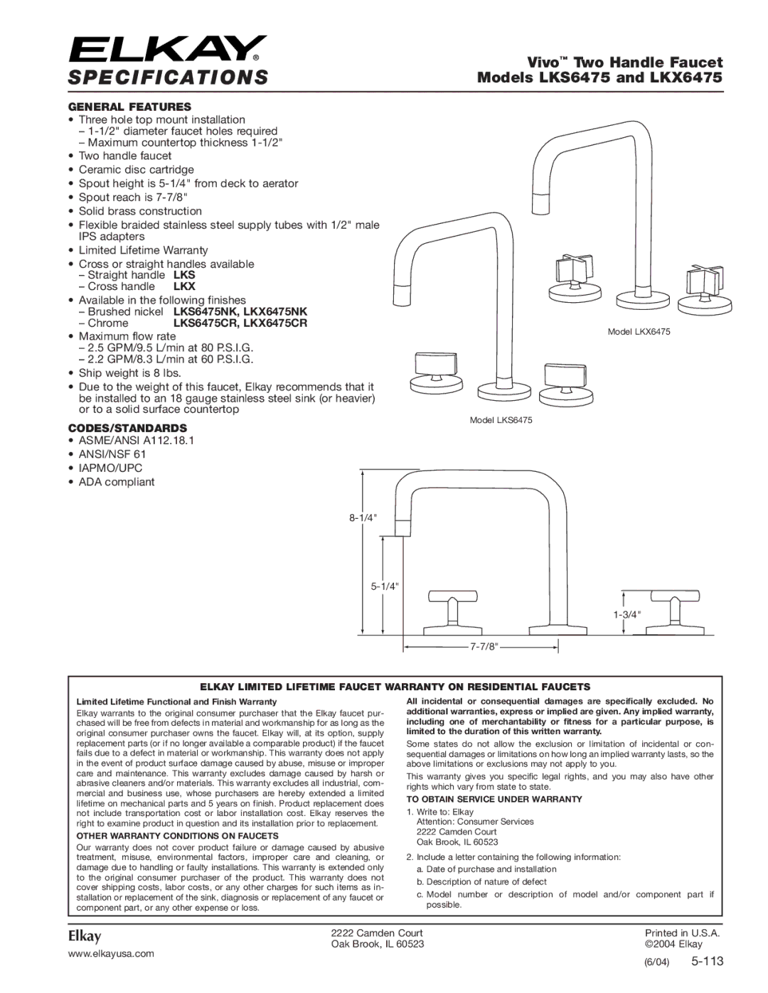 Elkay LKX6475CR, LKX6275NK specifications Specifications, Vivo Two Handle Faucet, Models LKS6475 and LKX6475, Elkay 