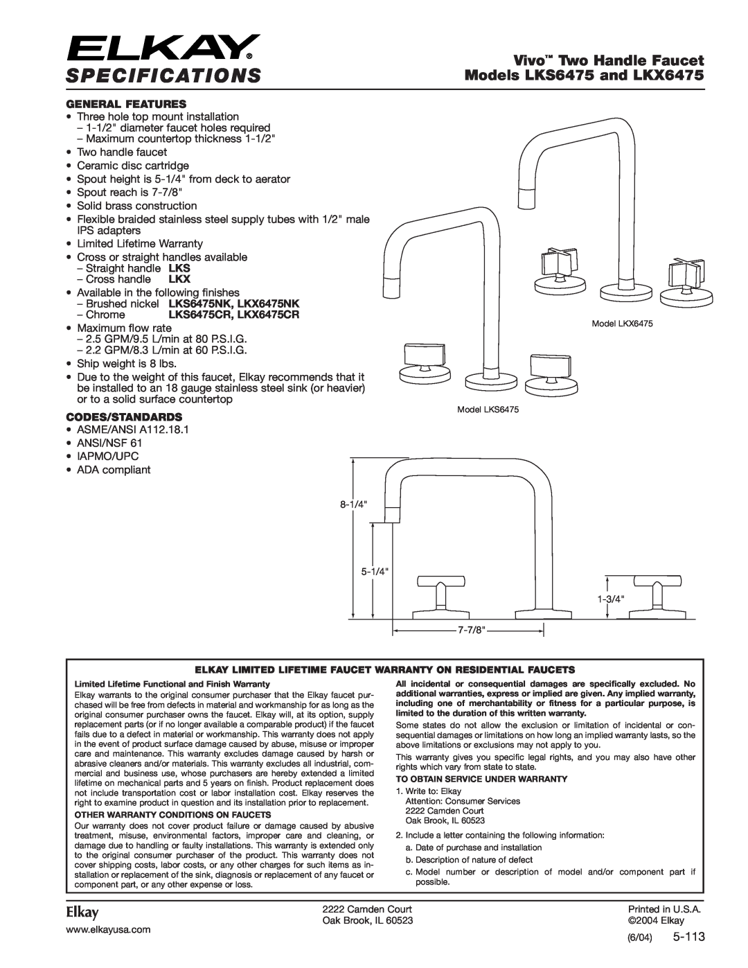 Elkay LKX6475CR, LKX6275NK specifications Specifications, Vivo Two Handle Faucet, Models LKS6475 and LKX6475, Elkay, 5-113 