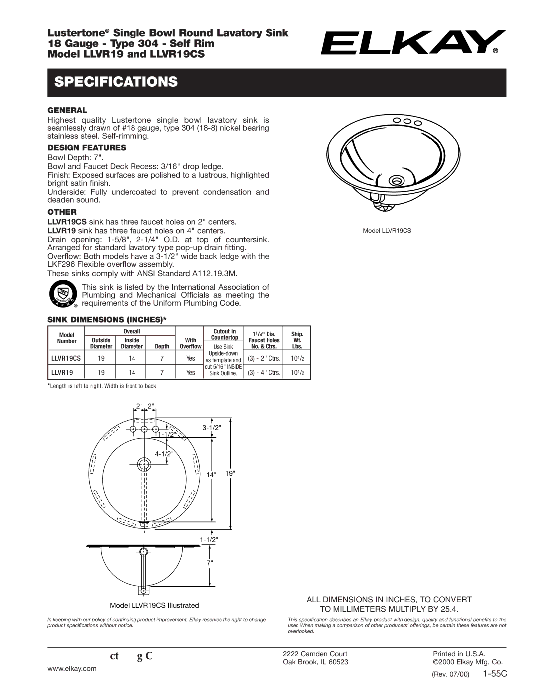 Elkay LLVR19CS specifications Specifications, General, Design Features, Other, Sink Dimensions Inches 