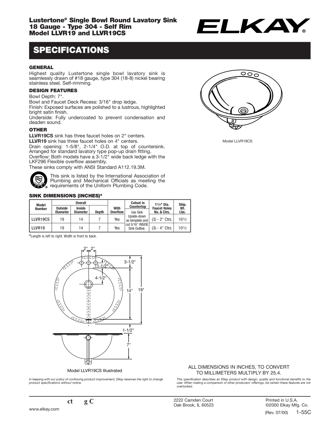 Elkay LLVR19CS specifications Specifications, Lustertone Single Bowl Round Lavatory Sink, Gauge - Type 304 - Self Rim 