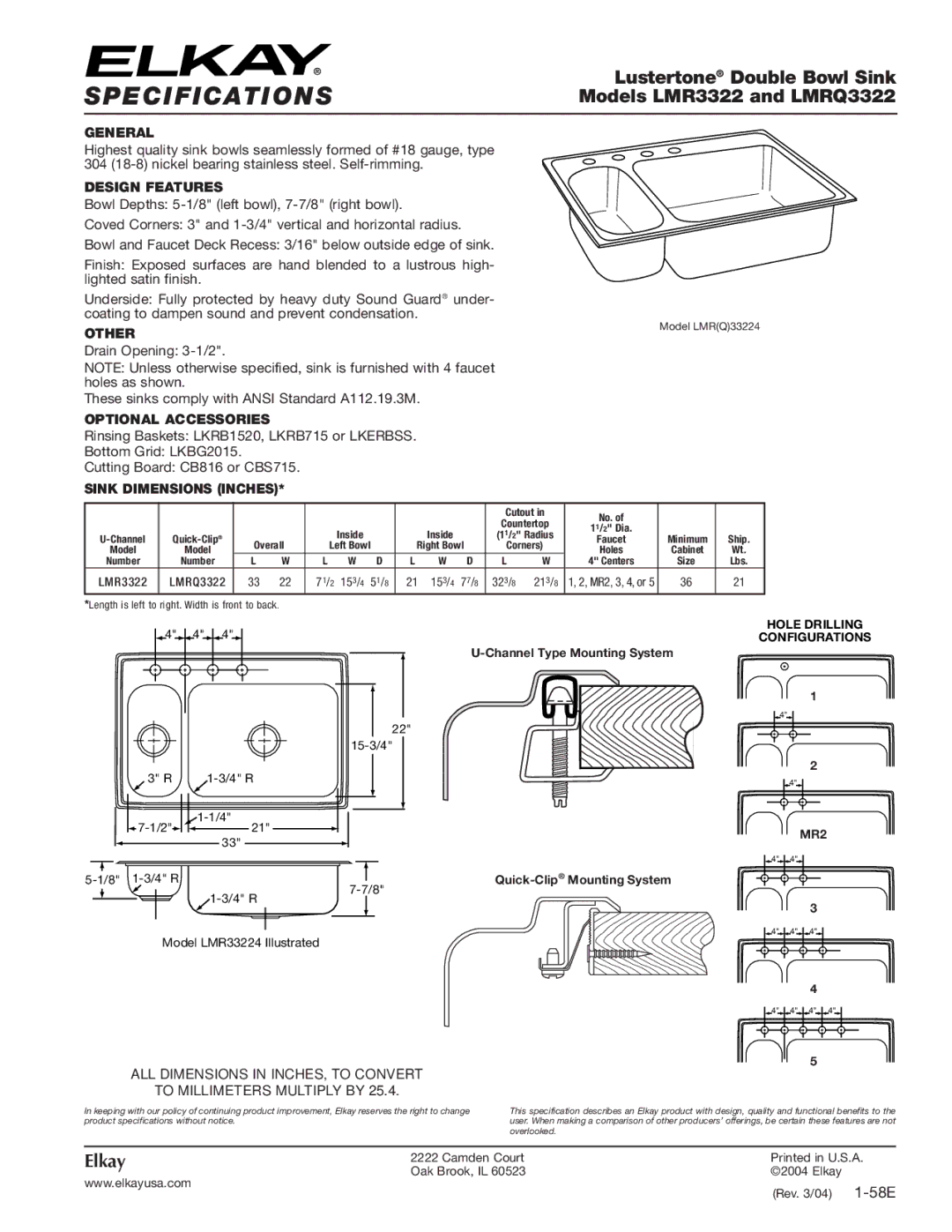 Elkay LMR33224 specifications Specifications, Lustertone Double Bowl Sink, Models LMR3322 and LMRQ3322, Elkay 