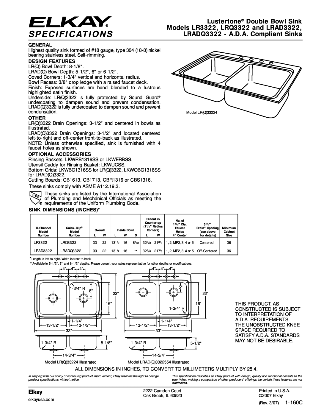 Elkay LRADQ3322 specifications Specifications, Lustertone Double Bowl Sink, Models LR3322, LRQ3322 and LRAD3322, Elkay 