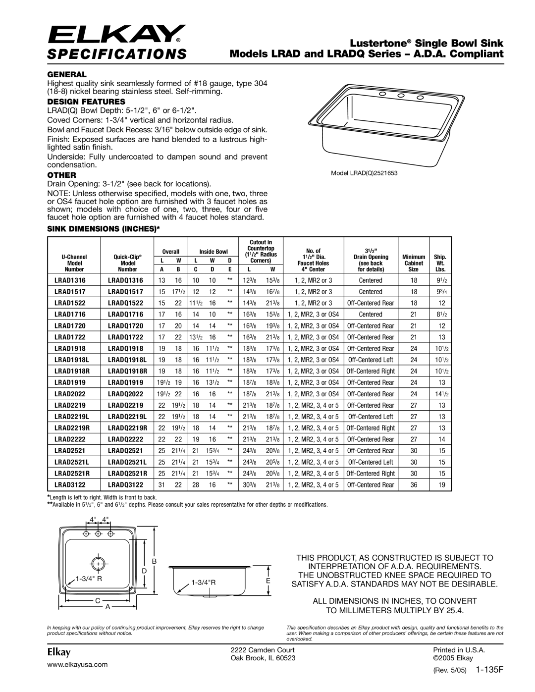 Elkay LRADQ Series specifications General, Design Features, Other, Sink Dimensions Inches 