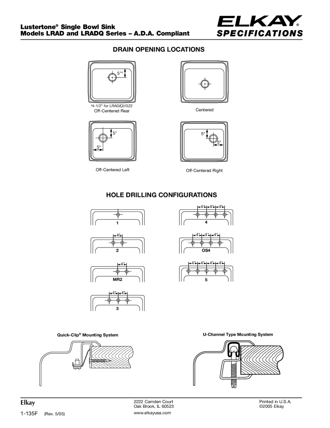 Elkay LRADQ Series specifications Drain Opening Locations 