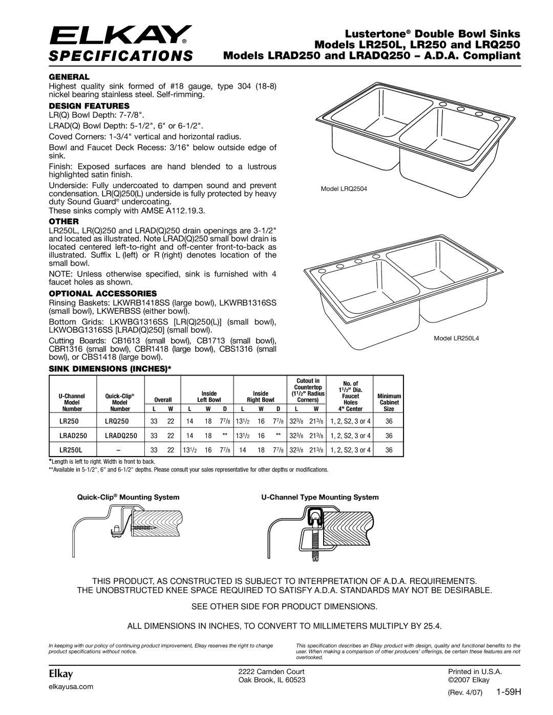 Elkay specifications Specifications, Lustertone Double Bowl Sinks, Models LR250L, LR250 and LRQ250, Elkay 