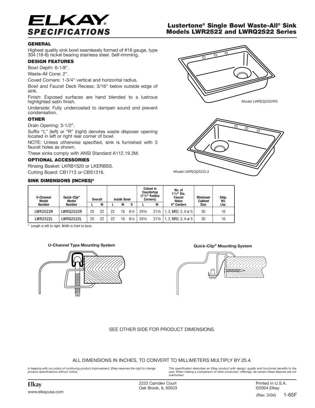 Elkay LWRQ2522R specifications Specifications, Lustertone Single Bowl Waste-AllSink, Models LWR2522 and LWRQ2522 Series 