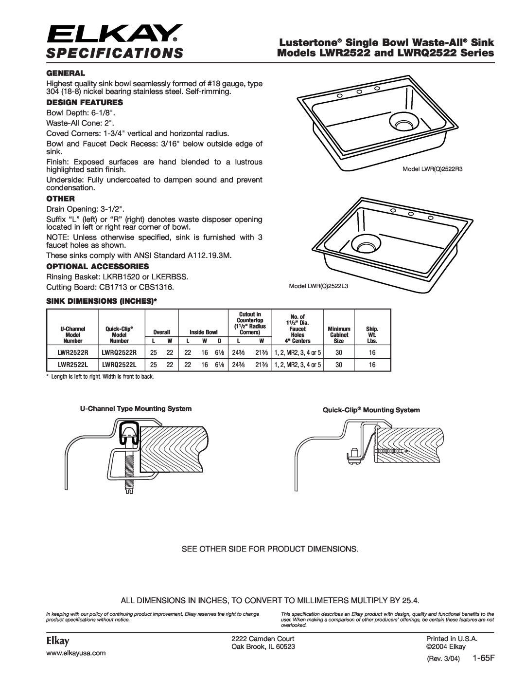 Elkay LWRQ2522R specifications Specifications, Lustertone Single Bowl Waste-All Sink, Models LWR2522 and LWRQ2522 Series 