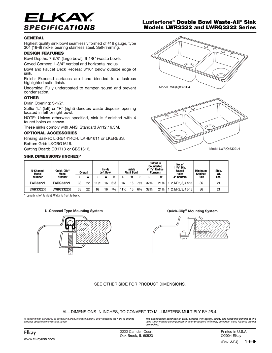 Elkay LWRQ3322L specifications Specifications, Lustertone Double Bowl Waste-AllSink, Models LWR3322 and LWRQ3322 Series 