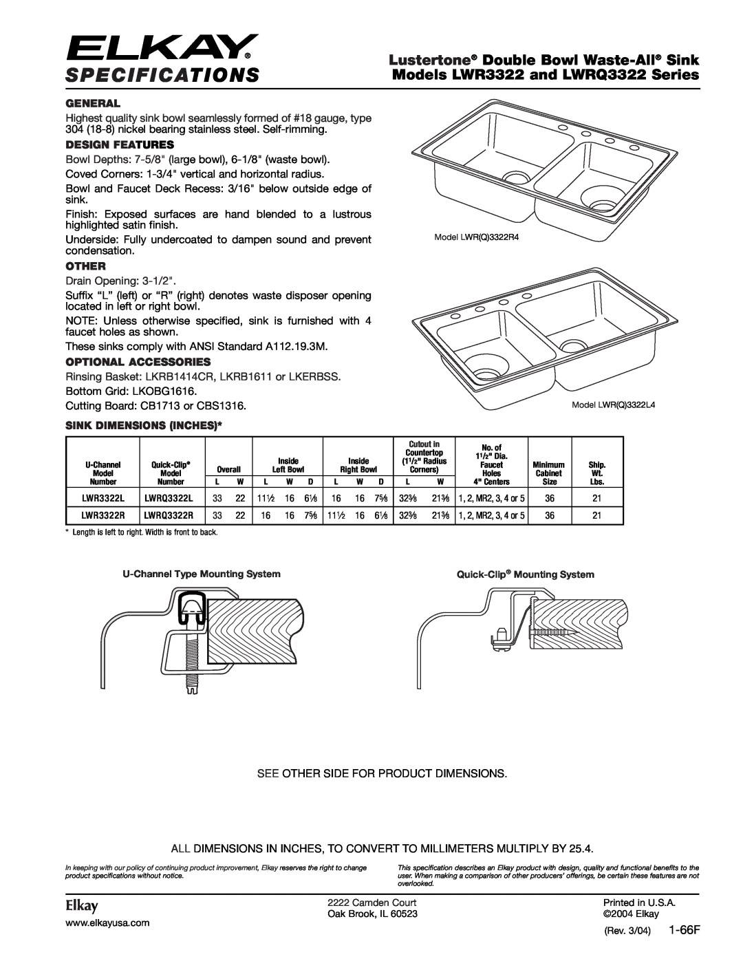 Elkay LWRQ3322L specifications Specifications, Lustertone Double Bowl Waste-All Sink, Models LWR3322 and LWRQ3322 Series 