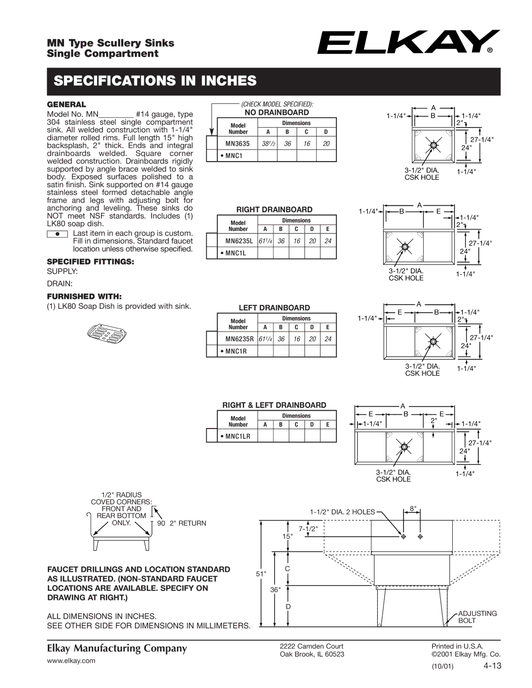 Elkay MN3635 specifications Specifications in Inches 