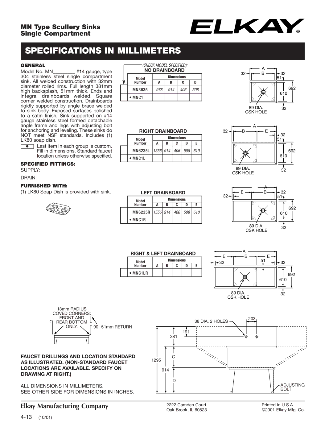 Elkay MN3635 specifications Specifications in Millimeters 