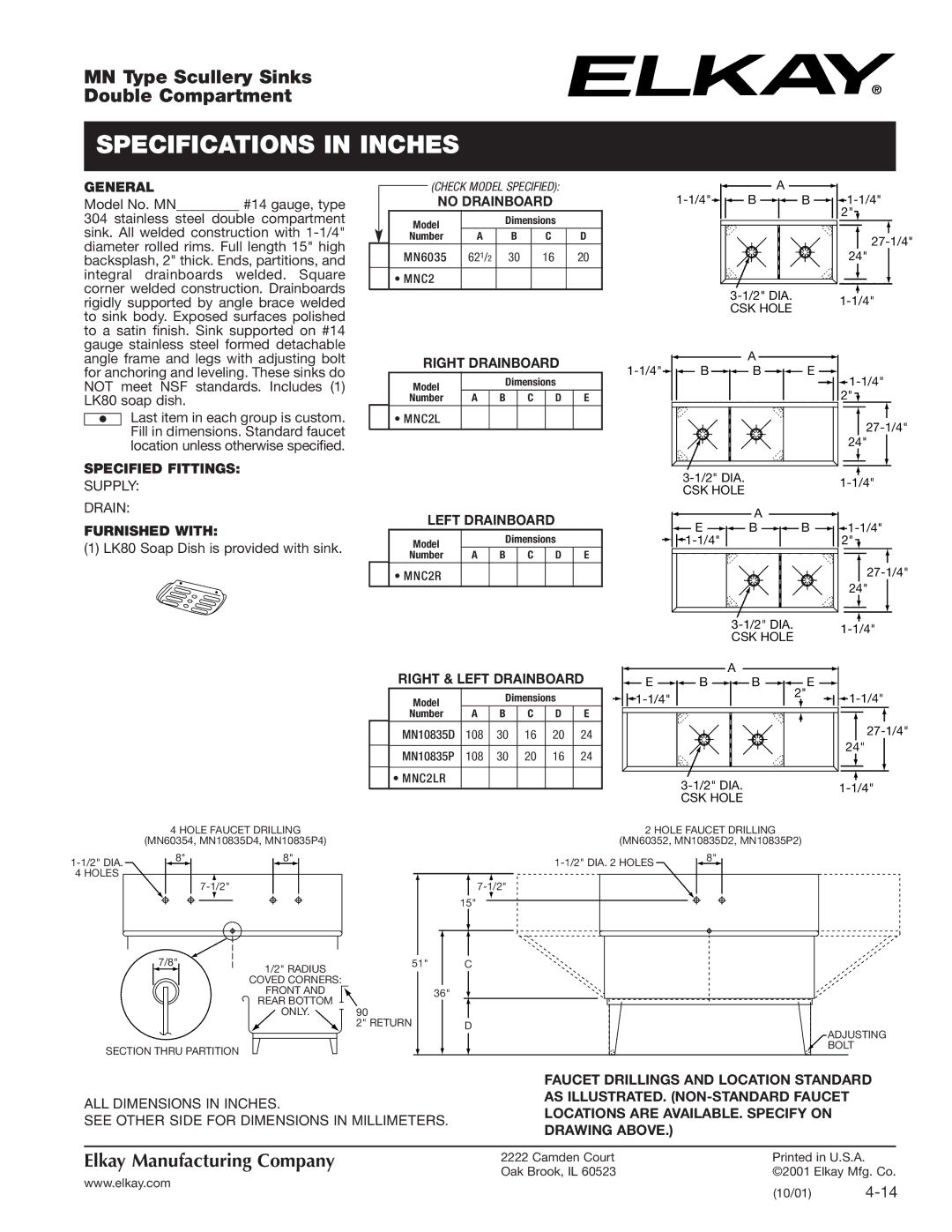 Elkay MN6035 specifications Specifications in Inches 