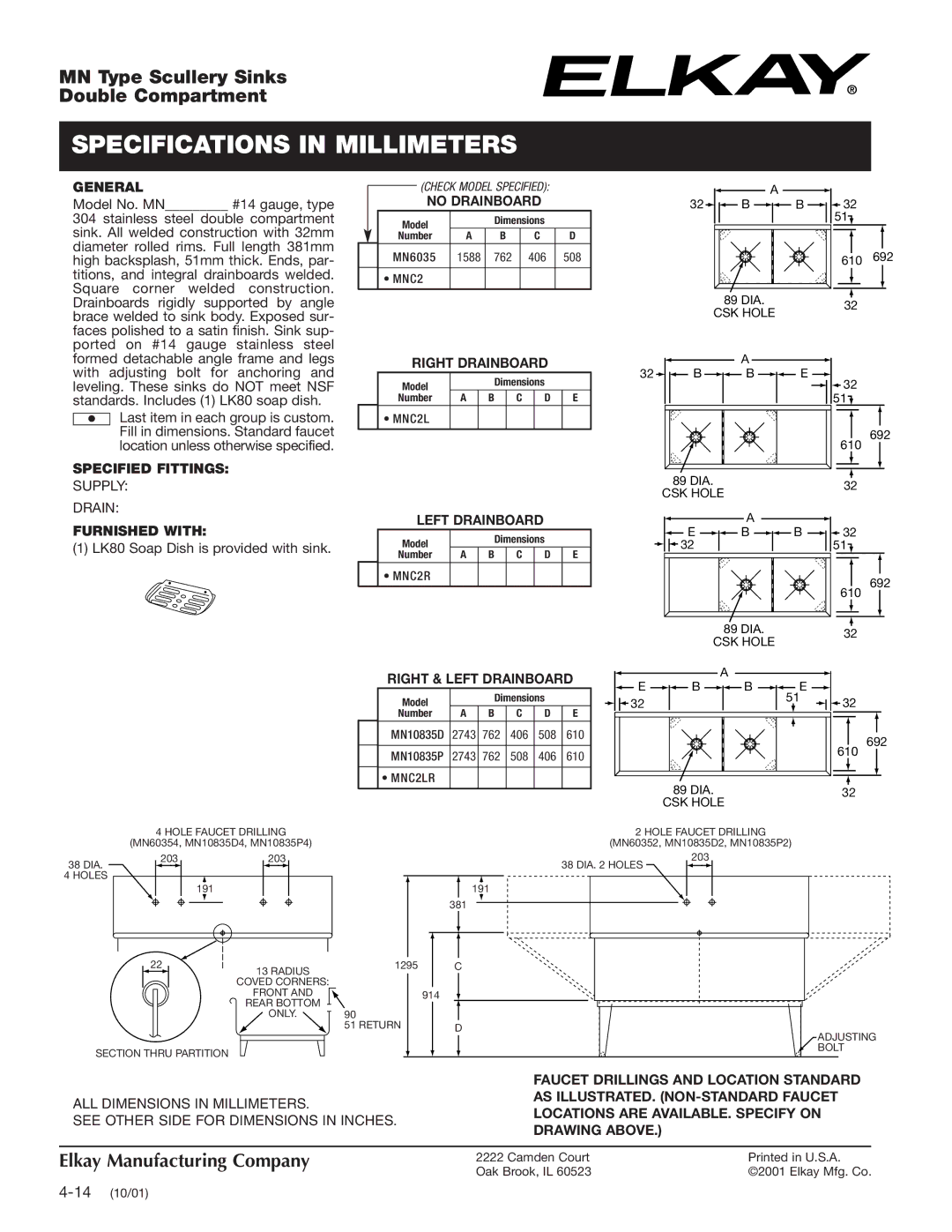 Elkay MN6035 specifications Specifications in Millimeters, AS ILLUSTRATED. NON-STANDARD Faucet 