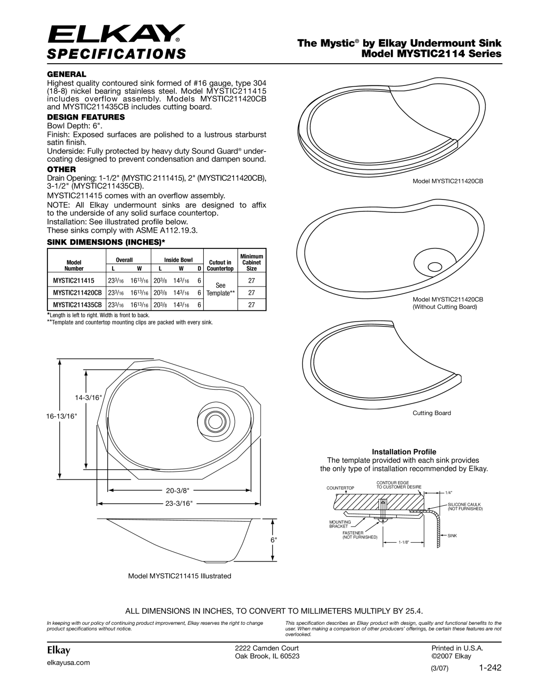 Elkay MYSTIC211435CB, MYSTIC211415 specifications Specifications, Mystic by Elkay Undermount Sink, Model MYSTIC2114 Series 