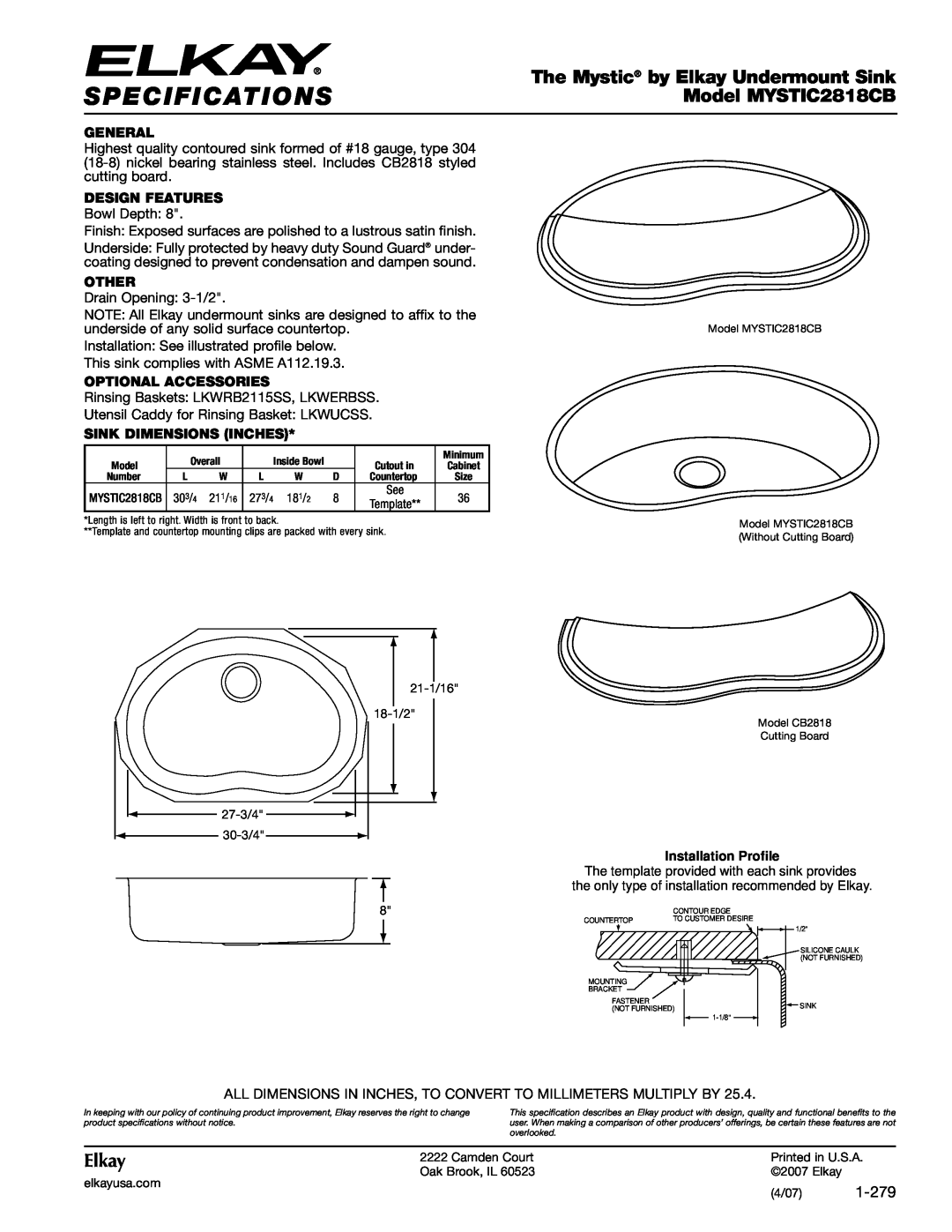Elkay specifications Specifications, The Mystic by Elkay Undermount Sink, Model MYSTIC2818CB, 1-279, General, Other 