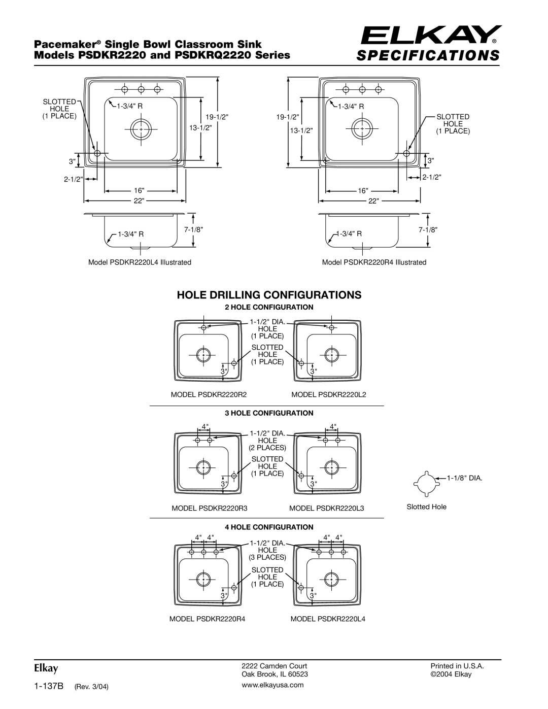 Elkay PSDKR2220L, PSDKR222OR specifications Hole Drilling Configurations 