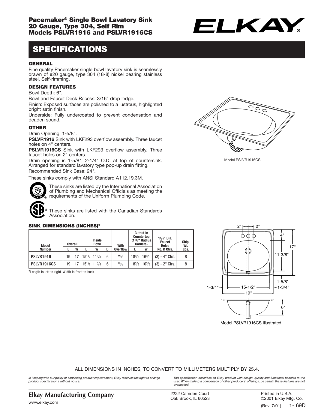 Elkay PSLVR1916 specifications Specifications, Pacemaker Single Bowl Lavatory Sink, Gauge, Type 304, Self Rim, General 